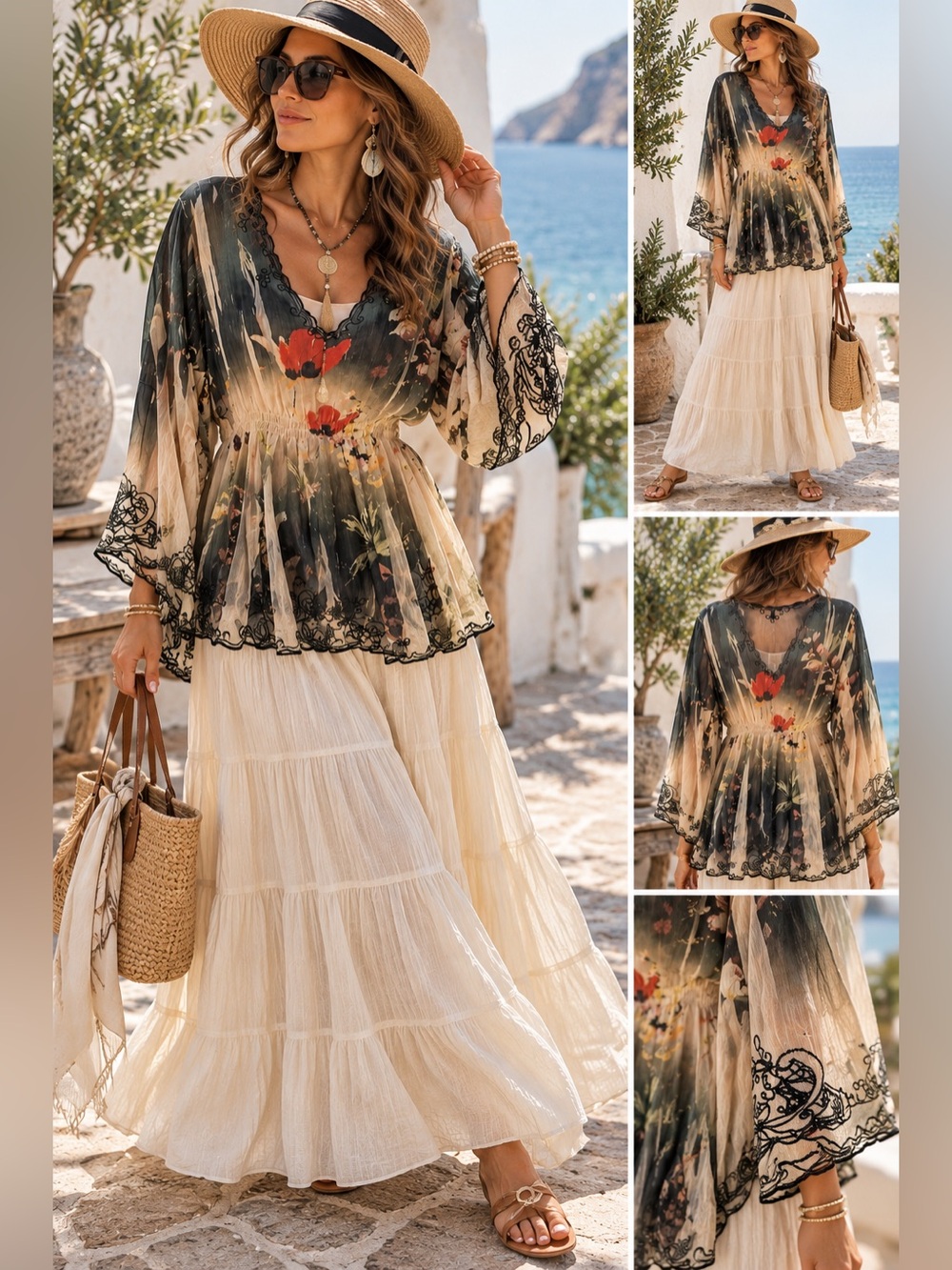 Sheer Floral V-Neck Tunic in Black, Cream & Red